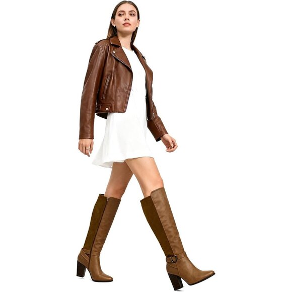 Women's Heeled Knee High Brown Boot Zip Up Chunky Heel Tall Fashions Black Boots - Picture 6 of 8